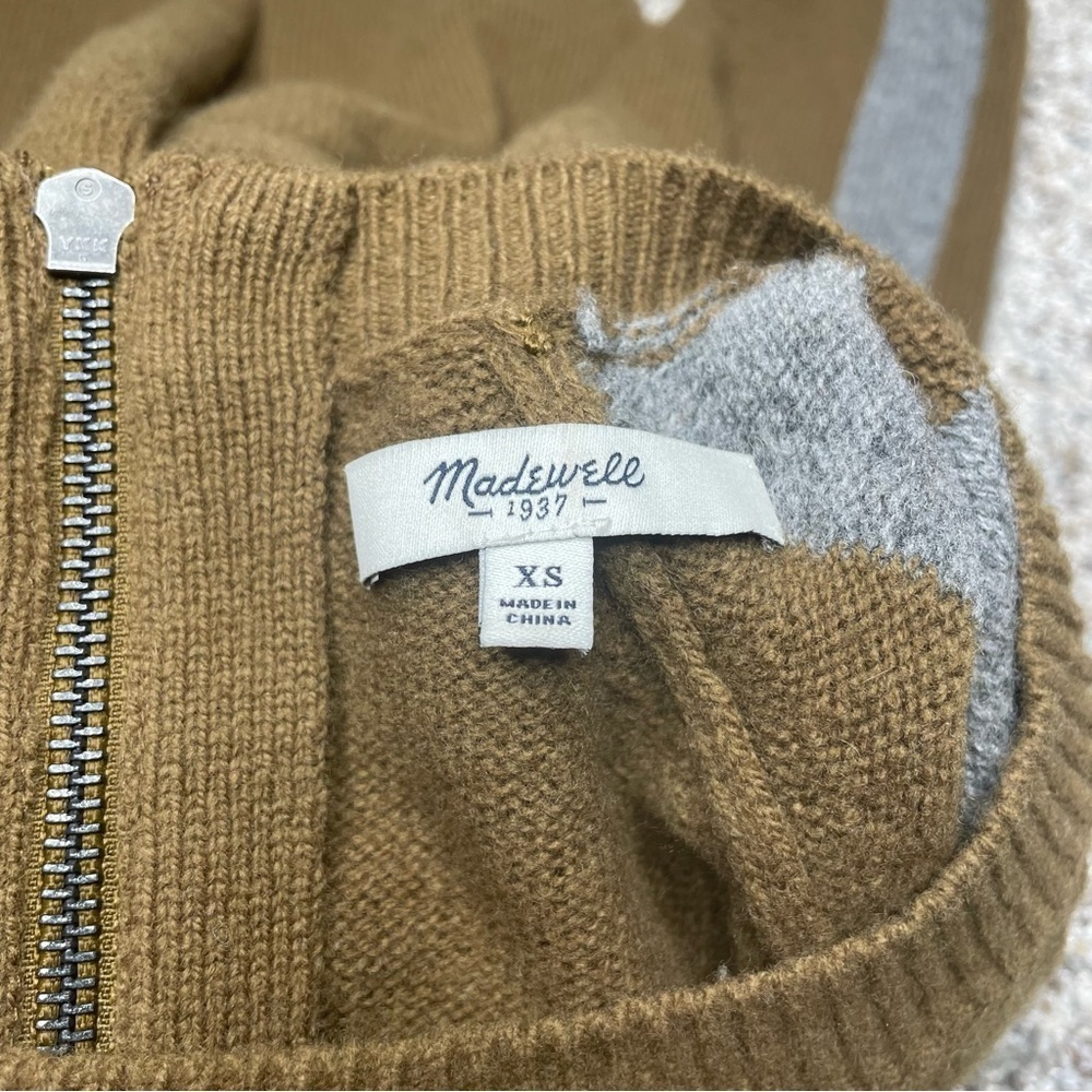 Madewell Striped Sleeve Merino Wool Zipper Sweater Extra Small Green Grey B5803 - Picture 6 of 11
